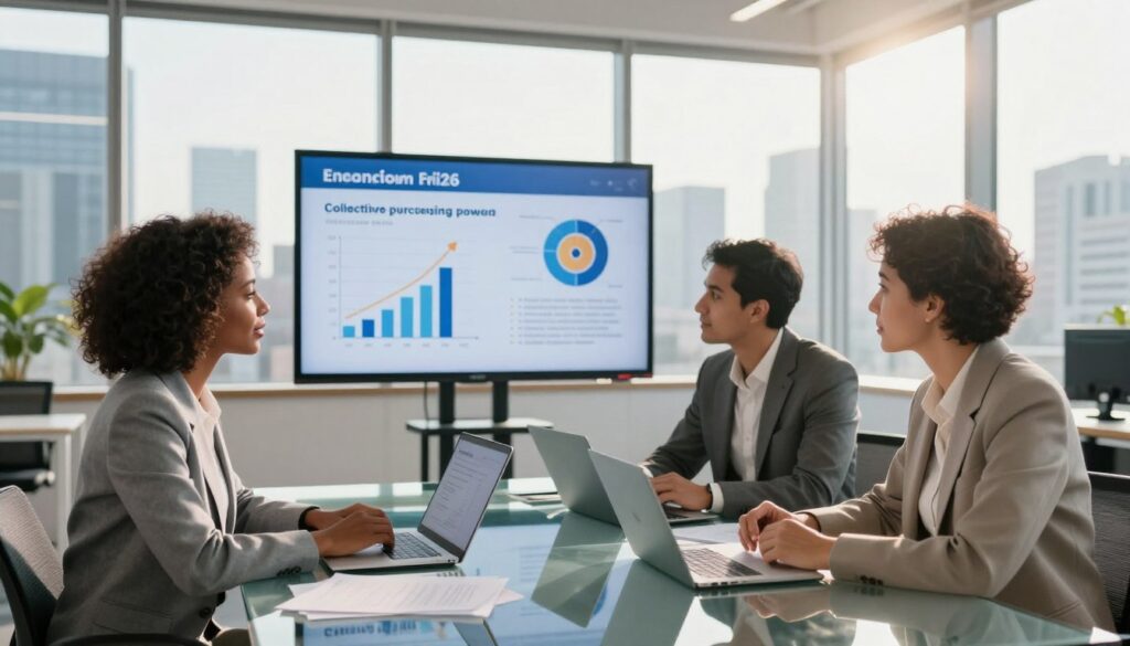 A dynamic and modern office space showcasing the advantages of a consortium in 2026. In the foreground, a diverse group of three professionals in smart business attire, a Black woman, a Hispanic man, and a Middle-Eastern woman, engaged in a discussion around a sleek glass table filled with documents and digital devices highlighting benefits like teamwork and financial growth. In the middle ground, a large digital screen displays graphical representations of advantages, such as reduced financial risk and opportunities for collective purchasing power. The background is an expansive view of a city skyline through large windows, with bright sunlight streaming in, creating a positive and motivating atmosphere. Use soft, natural lighting to enhance collaboration and optimism, captured from a slightly elevated angle for a comprehensive view.