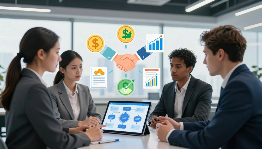 A modern and professional illustration of the functioning of a consortium system in 2026. In the foreground, depict a diverse group of three business professionals in smart attire, engaged in a detailed discussion around a digital tablet showing a flowchart of the consortium process. In the middle ground, include an array of visual symbols representing money, contracts, and cooperation—such as coins, joined hands, and stylized graphs. The background features a sleek, contemporary office environment with large windows, soft natural lighting filtering through, and a city skyline visible in the distance. Aim for a clear and informative atmosphere, capturing the essence of collaboration and financial planning. The angle should be slightly elevated, providing a comprehensive view of the group and their interaction with the technology.